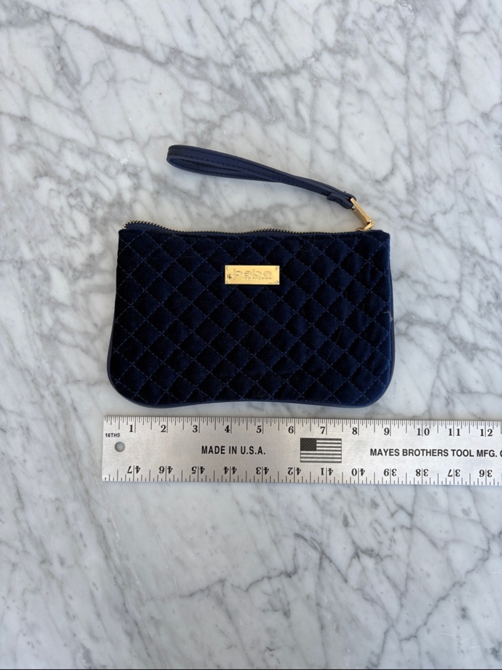 bebe Quilted Velvet Wristlet in Navy with Gold Hardware